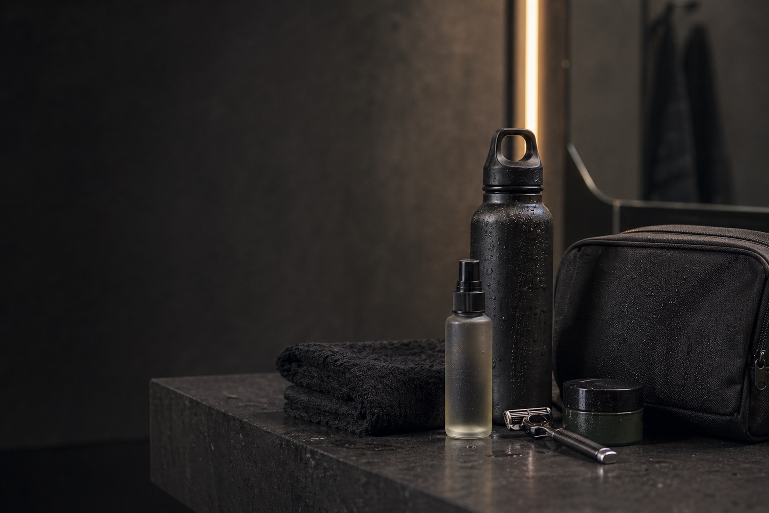 Dark gym-to-work grooming setup with face mist, towel, dopp kit, and water bottle