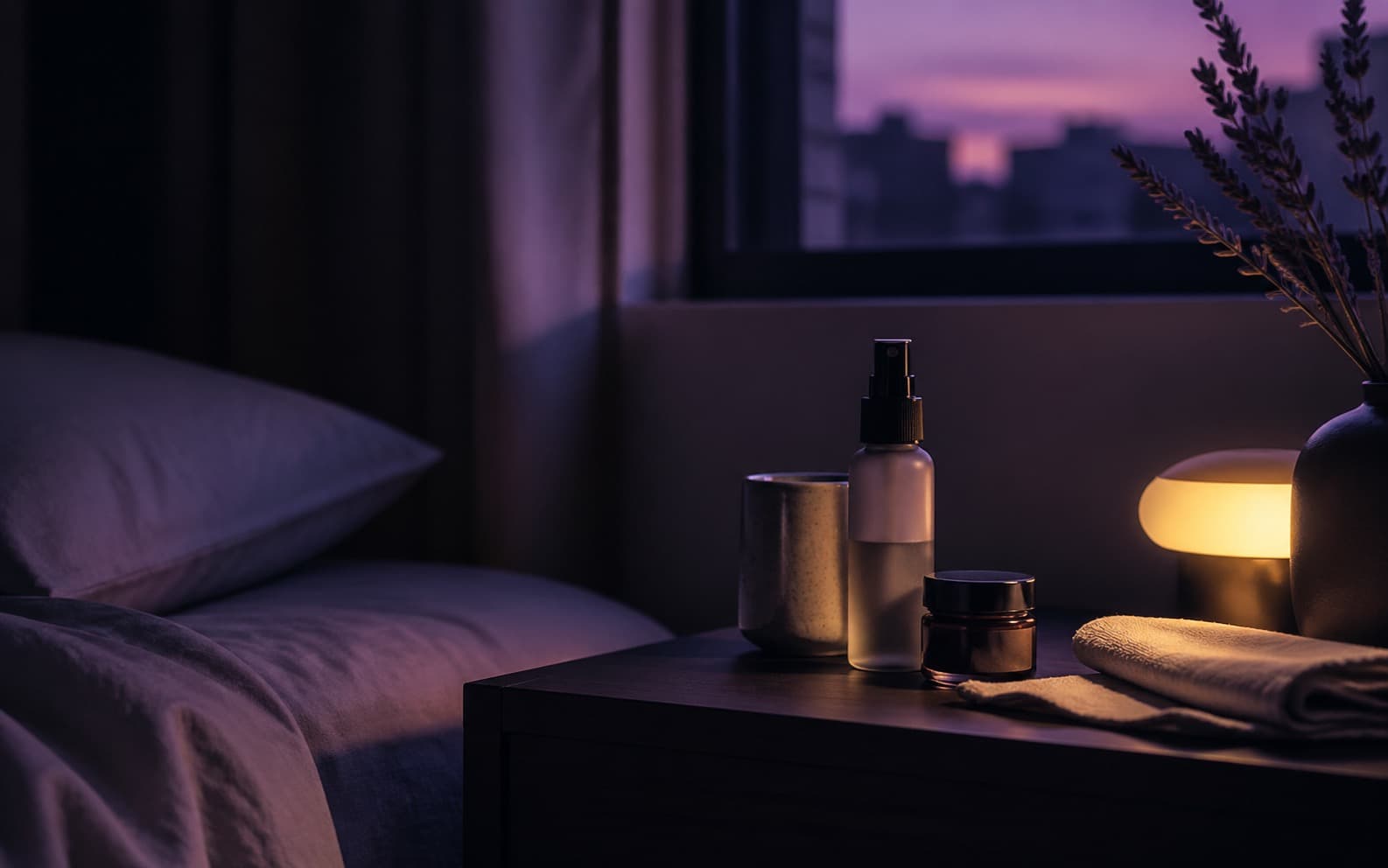 Modern nightstand ritual with bedding, skincare objects, and lavender evening light