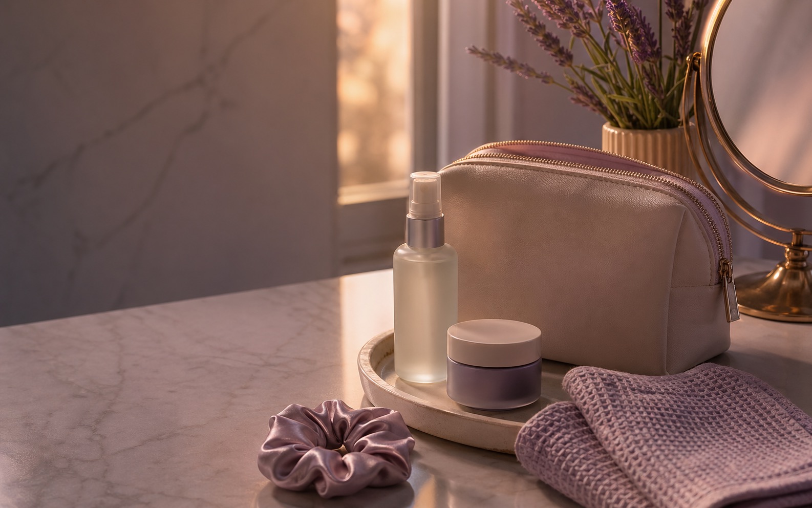 Rose lavender vanity wind-down setup with face mist, balm jar, pouch, and towel